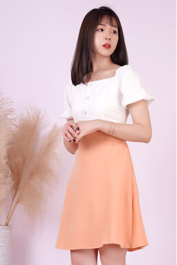 Square Neck Puff Sleeve Pearl Button Textured Top Swing Dress (White + Peach)